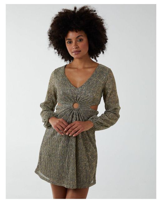 Blue Vanilla Metallic V-Neck Long Sleeve Lurex Dress