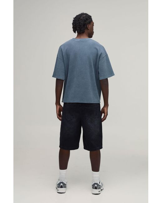 BoohooMAN Blue Oversized Waffle Gothic Print Short Sleeve T-Shirt for men