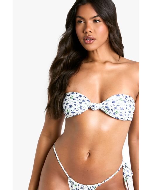 Boohoo Purple Ditsy Floral Knotted Bandeau Bikini Top