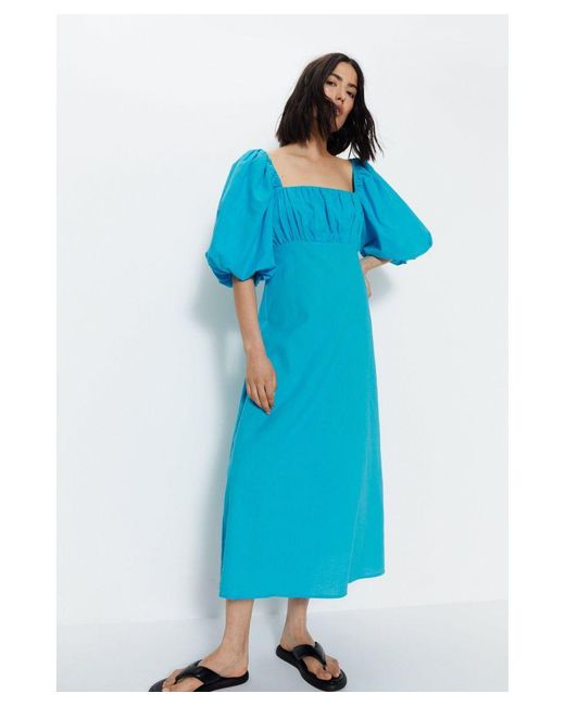 Warehouse Blue Cotton Puff Sleeve Ruched Bodice Midi Dress