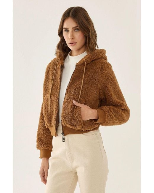 Hiccup Natural Plush Crop Jacket With Zipper Collar
