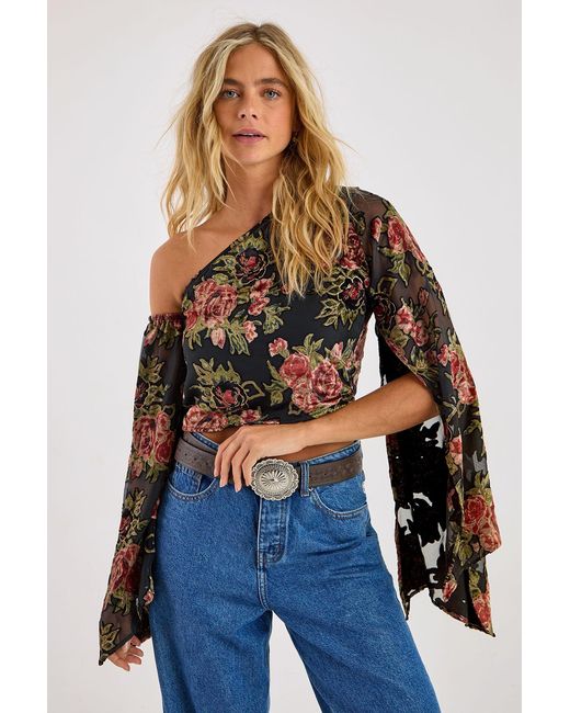 Nasty Gal Blue Floral Devore Off The Shoulder Fluted Sleeve Top