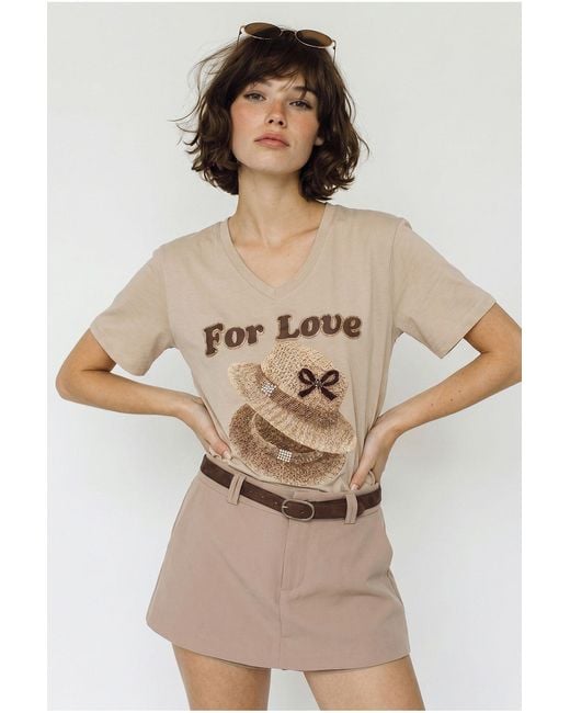 Bianco Lucci Natural Oversized V-Neck Printed T-Shirt