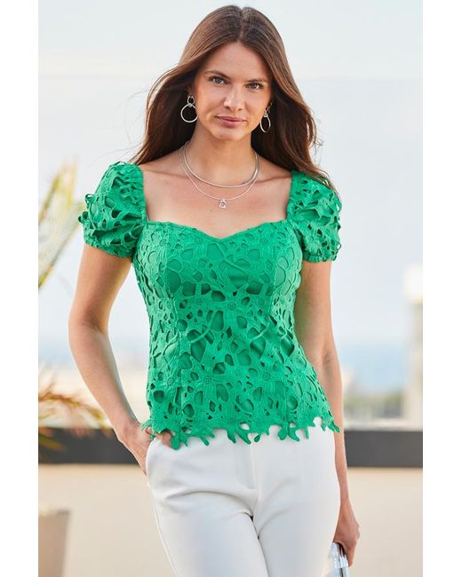 Sosandar Green Premium Lace Top