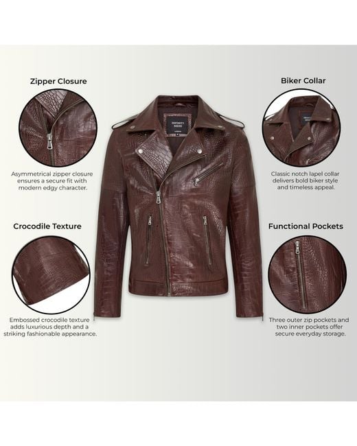 Infinity Leather Brown Cow Alligator Print Embossed Biker Jacket for men