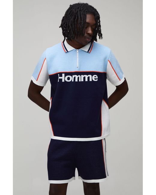 BoohooMAN Blue Relaxed Colour Block Polo And Short Knitted Set for men