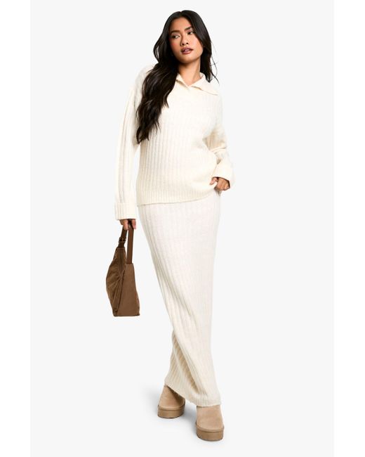 Boohoo Natural Soft Knit Thick Rib Collar Detail Sweater And Maxi Skirt Set