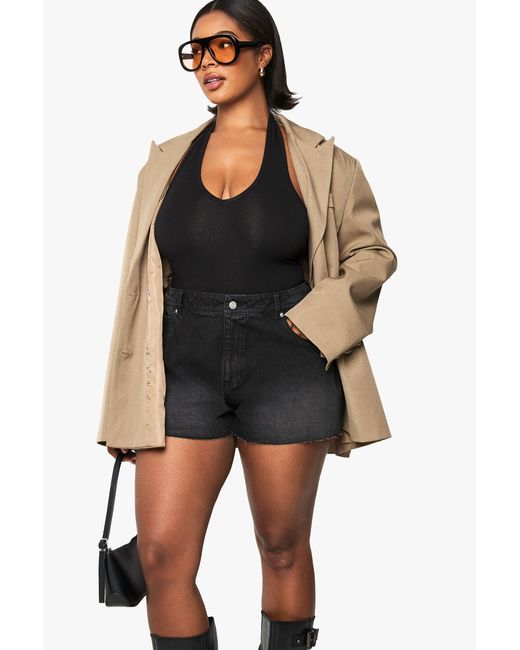 Boohoo Black Plus Raw Hem Denim Short