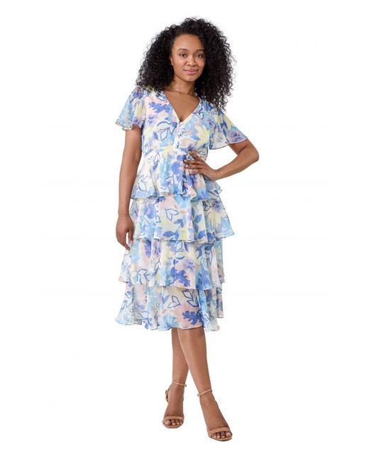 Roman Petite Blue Floral Print Chiffon Tiered Midi Dress