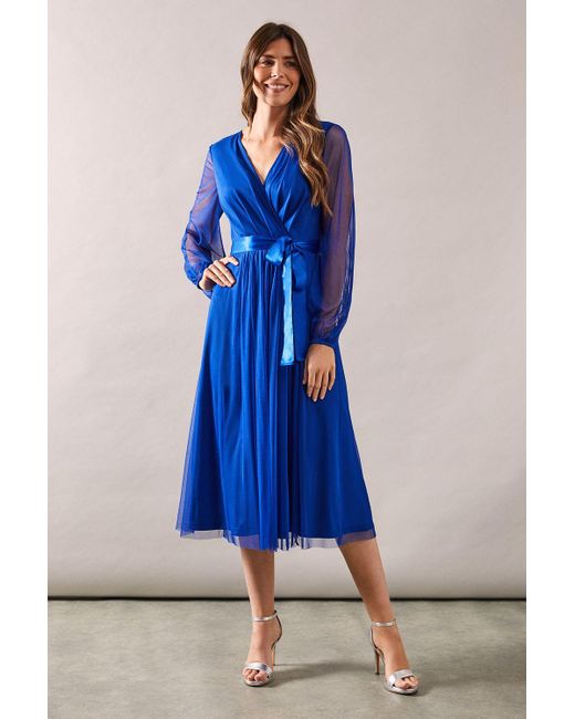 Wallis Blue Floral Mesh Satin Tie Midi Dress