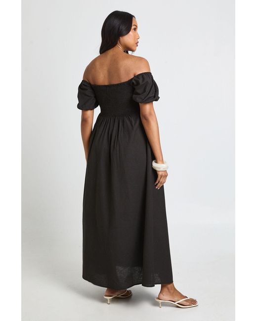 Boohoo Black Maternity Linen Puff Sleeve Shirred Maxi Dress