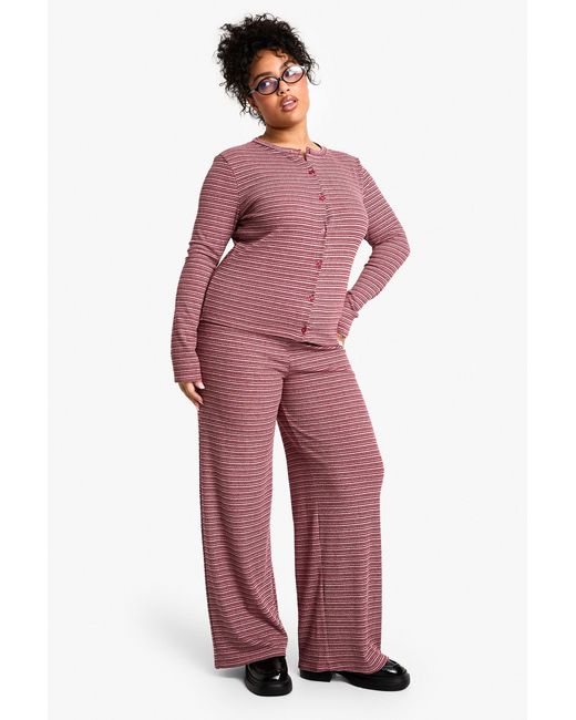 Boohoo Red Plus Rib Tie Waist Stripe Pants