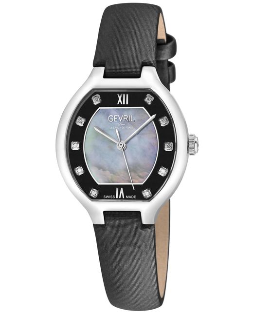 Gevril Black Lugano Swiss Diamond Watch, Mop Dial 316L Genuine Italian Leather