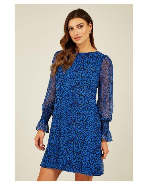 Yumi' Blue Recyled Animal Print Long Sleeve Tunic Dress