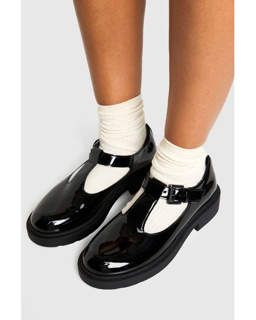 Boohoo Black Patent T Bar Mary Jane Flats
