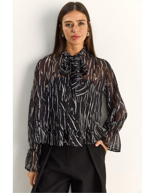 Bianco Lucci Black Abstract Print Choker Collar Chiffon Blouse With Tie Detail