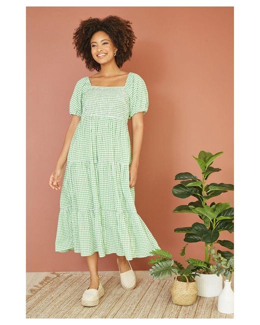Yumi' Green Cotton Gingham Smock Puff Sleeve Midi Dress