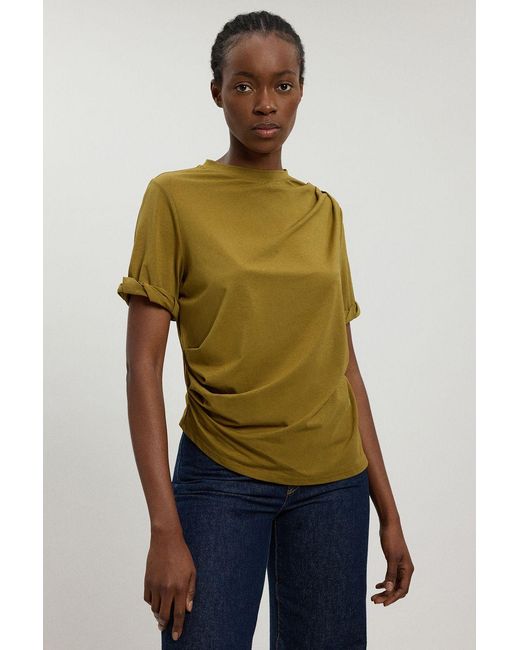 Karen Millen Green Cotton Jersey Gathered Detail T-Shirt