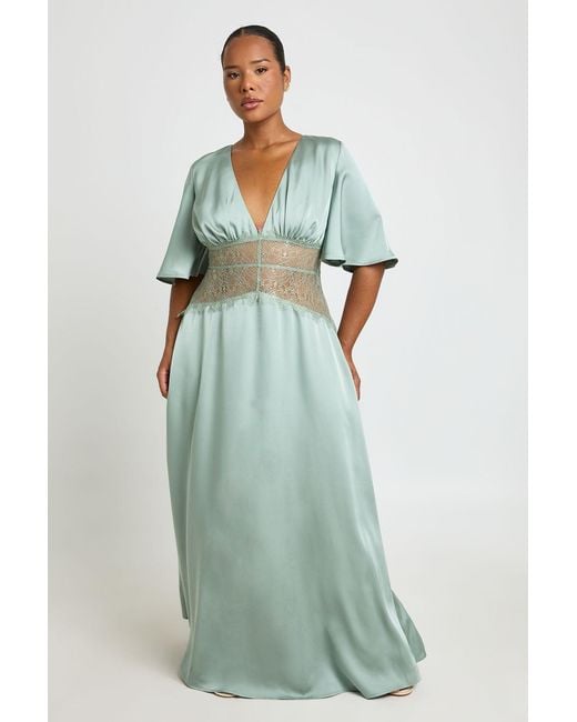 Boohoo Green Plus Satin Lace Panel Angel Sleeve Maxi Dress