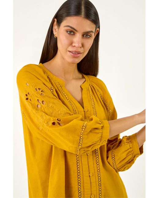 Roman Orange Embroidered Sleeve Cotton Blouse