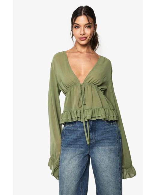 Boohoo Green Chiffon Ruffle Tie Front Blouse