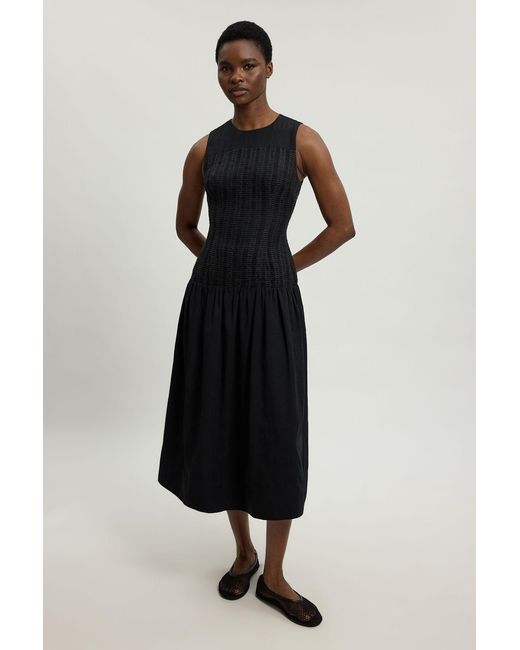 Karen Millen Black Petite Textured Drop Waist Long Sleeve Woven Midi Dress
