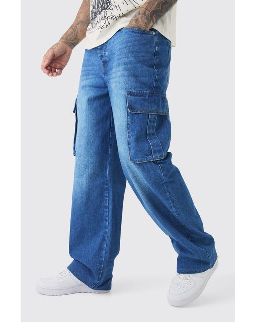 BoohooMAN Blue Tall Relaxed Rigid Cargo Jeans for men