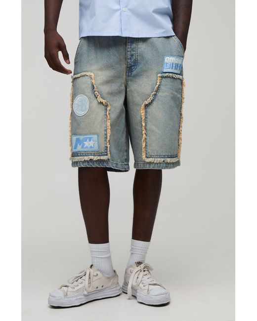 BoohooMAN Blue Regular Raw Edge Moto Carpenter Jorts for men