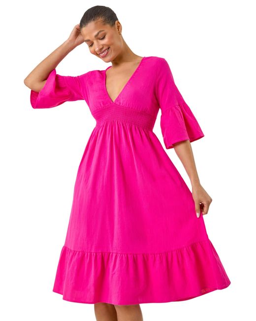 Roman Pink Linen Look Shirred Midi Dress
