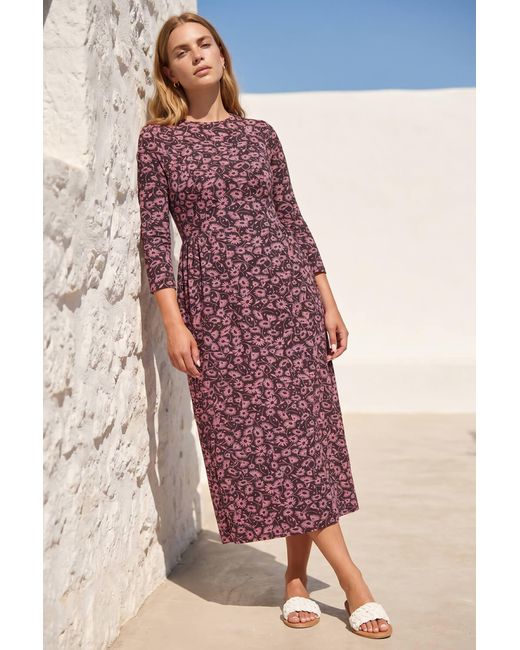 Roman Pink Floral Print Ruched Midi Dress