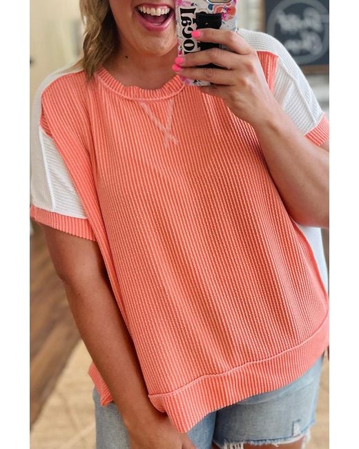 Azura Exchange Orange Waffle Knit Short Sleeve Top