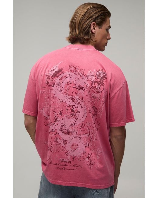 BoohooMAN Pink Oversized Boxy Dragon Print Washed T-Shirt for men