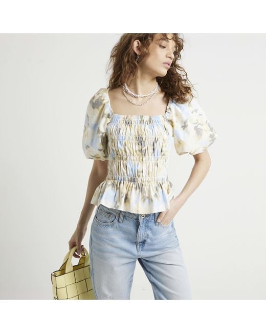 River Island White Floral Shirred Top