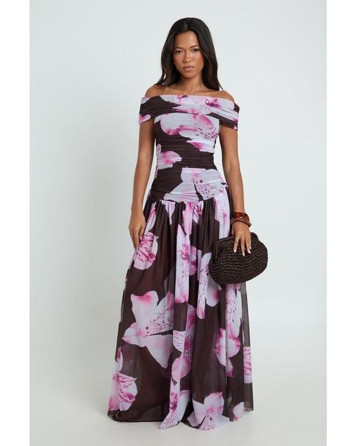 Boohoo White Printed Stretch Chiffon Bardot Maxi Dress