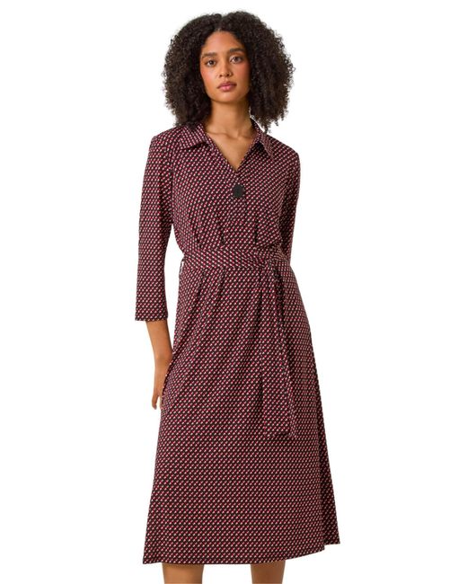 Roman Red Geometric Stretch Midi Shirt Dress