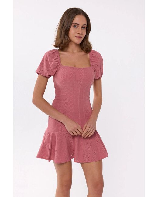 Hiccup Red Short Sleeve Square Neck Mini Dress With Balloon Sleeves