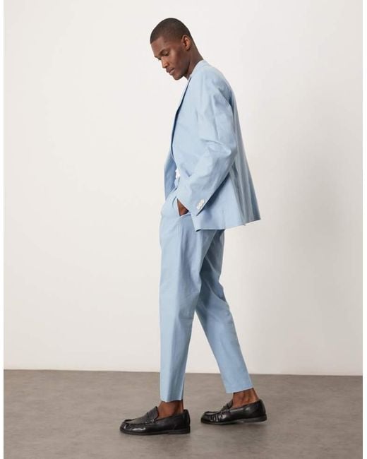 ASOS Blue Linen Blend Tapered Suit Chino Trousers for men