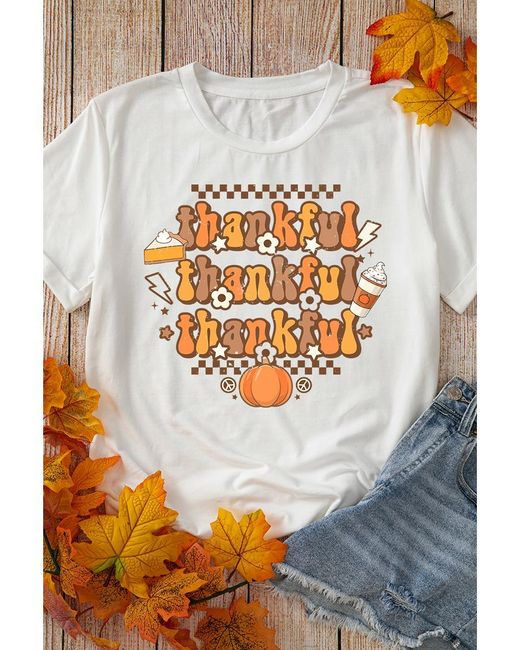 Azura Exchange Gray Damen Thanksgiving Grafik T-Shirt Dankbar T-Shirt Niedliches Herbstshirt Lässiges Oberteil Retro-Stil Kurzarm
