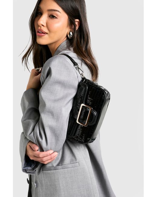 Boohoo Black High Shine Sequin Buckle Shoulder Bag