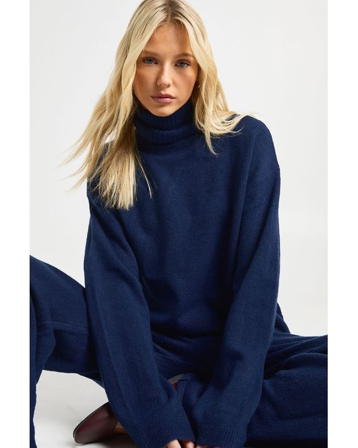 Boohoo Blue Super Soft Roll Neck Oversized Sweater And Wide Leg Trouser Co-Ord