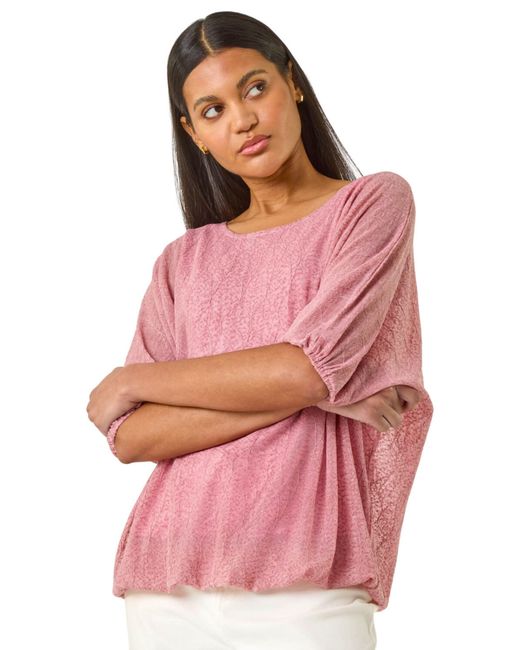 Roman Pink Mesh Bubble Hem Stretch Top