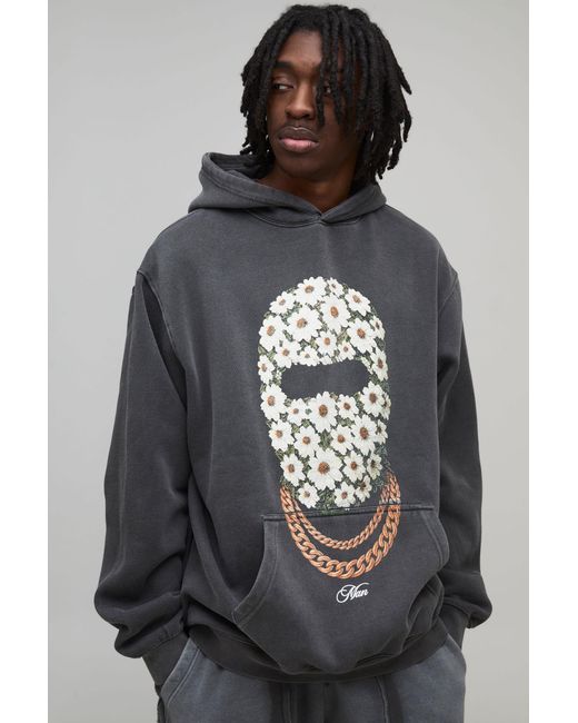 BoohooMAN Gray Oversized Daisy Ski Mask Washed Printed Hoodie for men