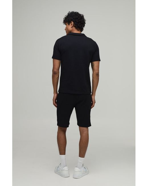 BoohooMAN Blue Slim Fit Waffle Revere Polo & Short Set for men