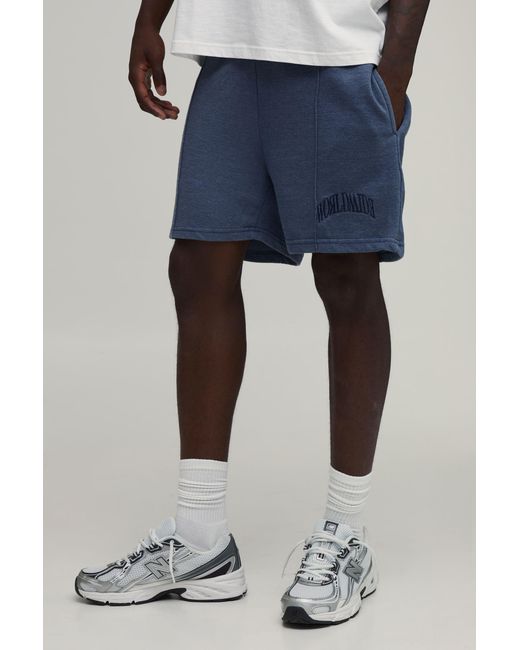 BoohooMAN Blue Baggy Fit Washed Worldwide Embroidered Short for men