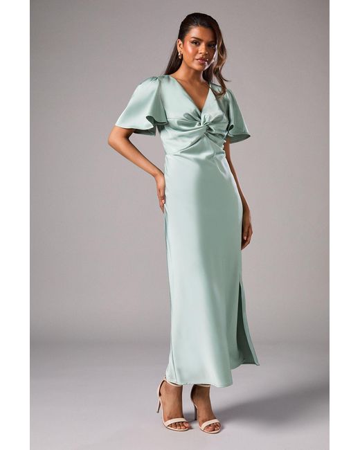 Oasis Green Petite Satin Twist Angel Sleeve Midi Bridesmaids Dress