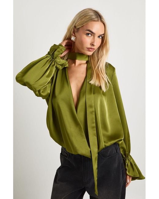 Boohoo Green Satin Scarf Detail Blouse