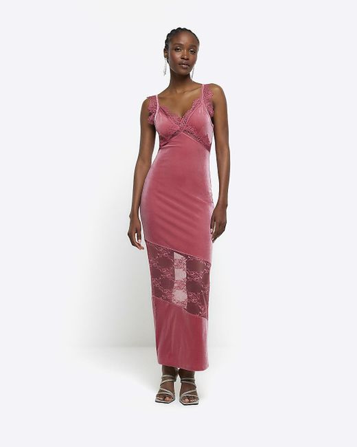 River Island Red Pink Velvet Lace Slip Maxi Dress
