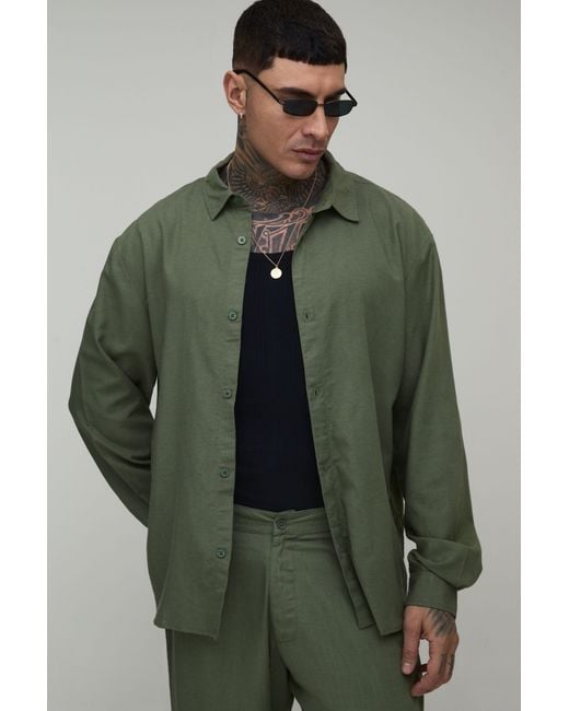 BoohooMAN Green Tall Oversized Long Sleeve Linen Blend Shirt for men