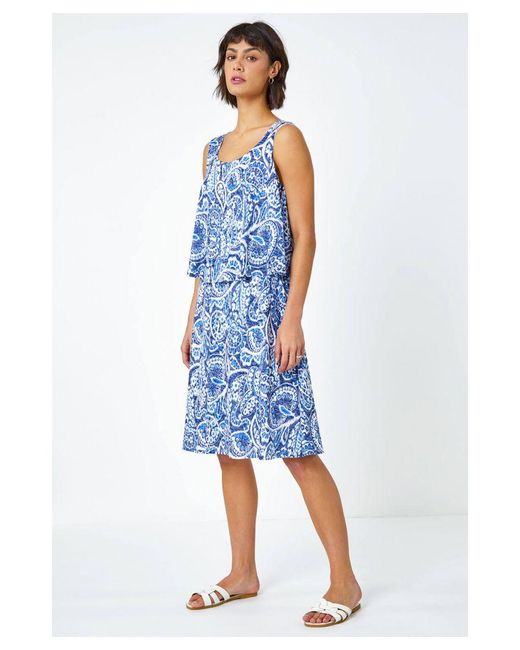 Roman Blue Sleeveless Paisley Print Overlay Dress