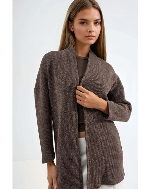 Busem Brown Long Ribbed Knit Cardigan With Open Collar
